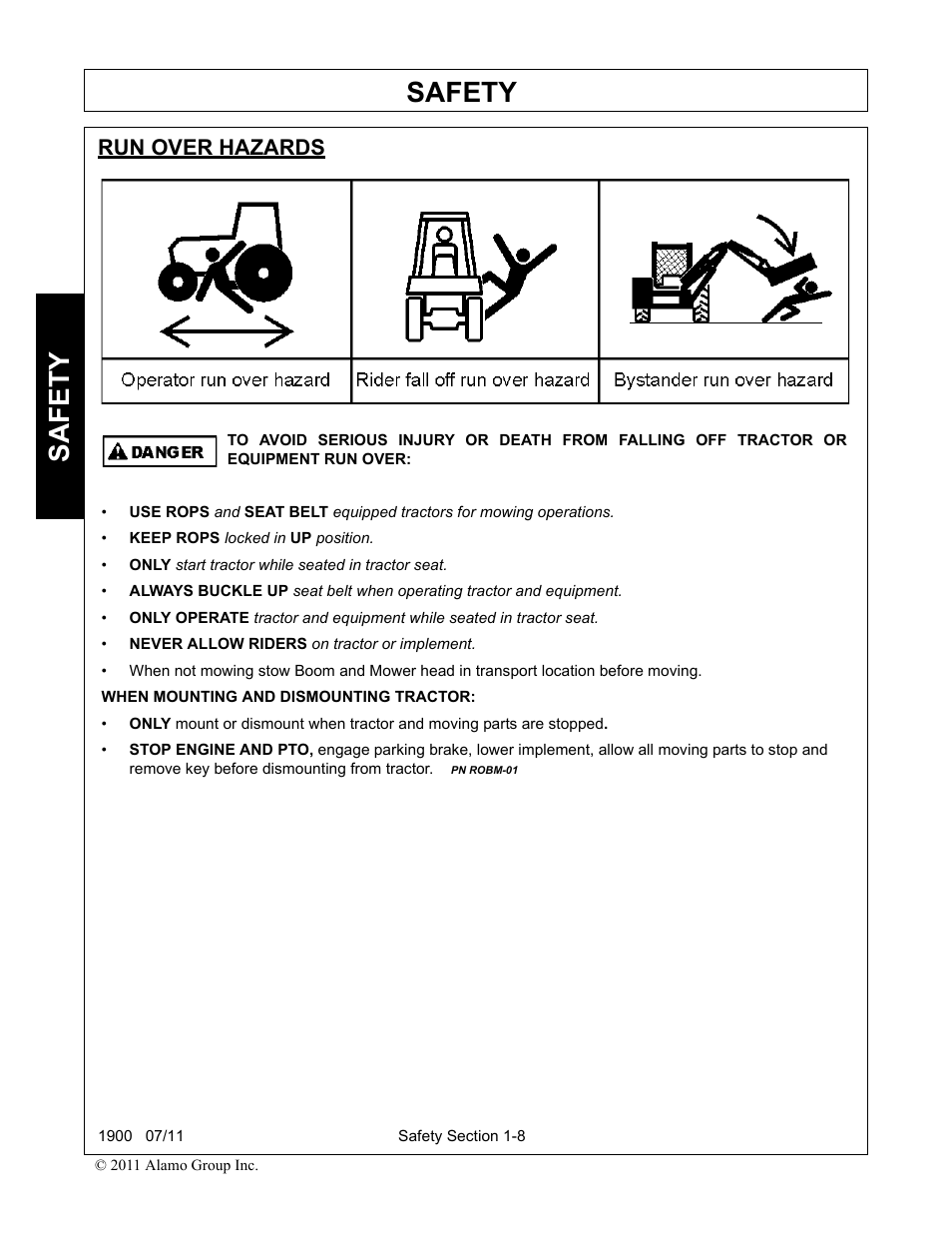 Run over hazards, Run over hazards -8, Safety | Alamo RHINO 1900 User Manual | Page 16 / 198