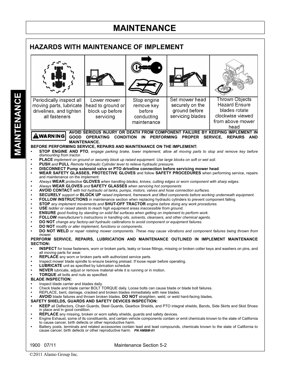 Hazards with maintenance of implement, Hazards with maintenance of implement -2, Maintenance | Alamo RHINO 1900 User Manual | Page 164 / 198