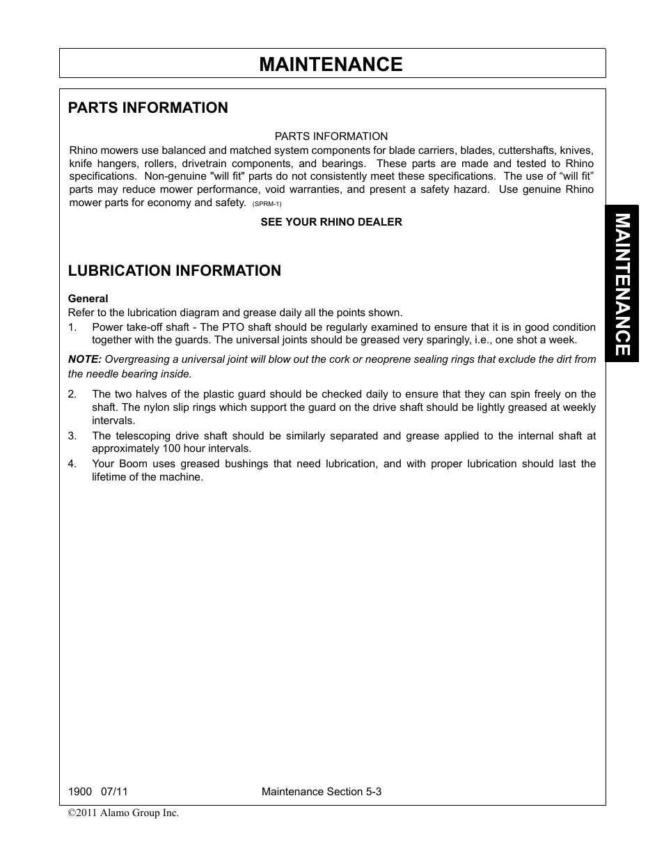 Parts information, Lubrication information, Lubrication information -3 | Maintenance, Parts information lubrication information | Alamo RHINO 1900 User Manual | Page 165 / 198