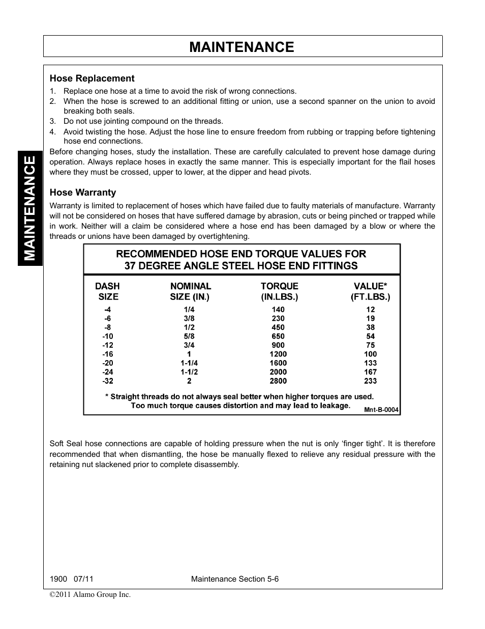 Hose replacement, Do not use jointing compound on the threads, Hose warranty | Hose replacement -6 hose warranty -6, Maintenance | Alamo RHINO 1900 User Manual | Page 168 / 198