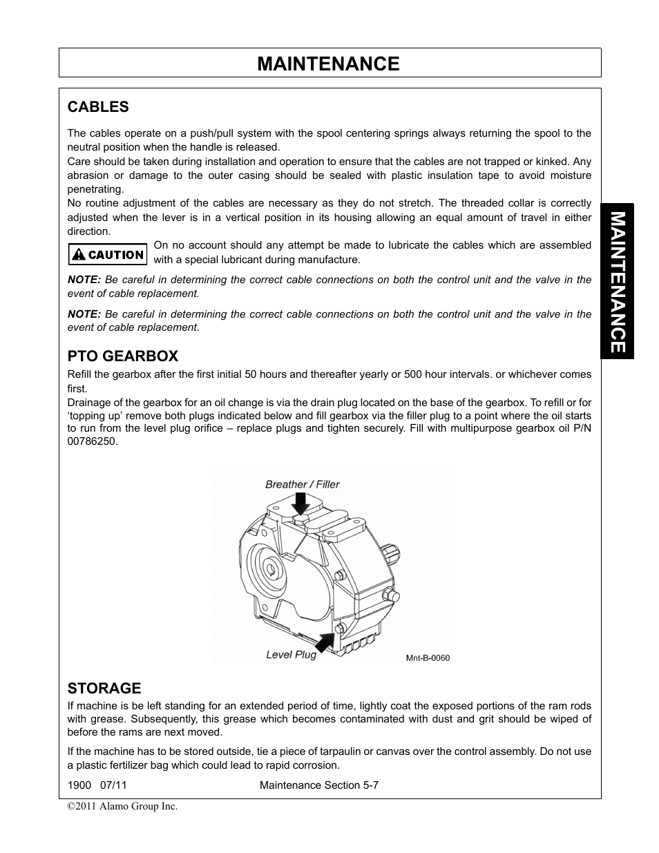 Cables, Pto gearbox, Storage | Pto gearbox -7 storage -7, Maintenance | Alamo RHINO 1900 User Manual | Page 169 / 198