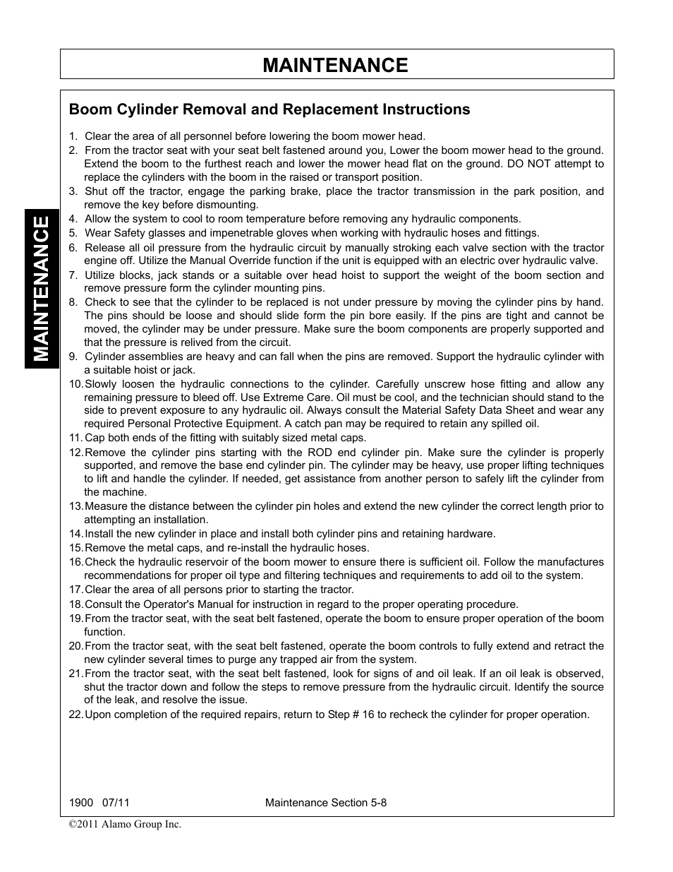Boom cylinder removal and replacement instructions, Maintenance | Alamo RHINO 1900 User Manual | Page 170 / 198