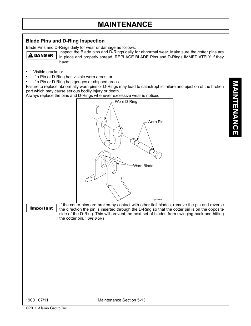 Blade pins and d-ring inspection, Blade pins and d-ring inspection -13, Maintenance | Alamo RHINO 1900 User Manual | Page 175 / 198