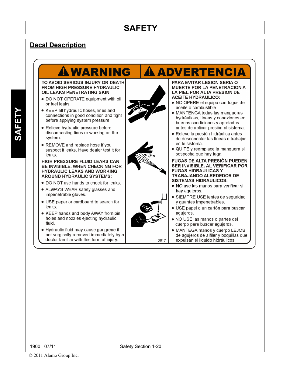 Decal description, Decal description -20, Safety | Alamo RHINO 1900 User Manual | Page 28 / 198