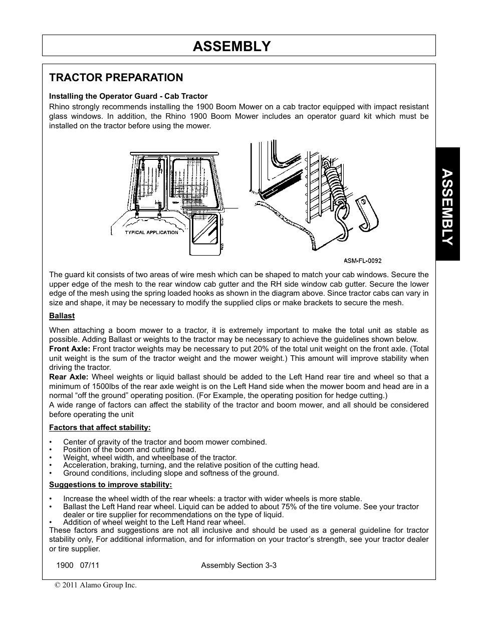 Tractor preparation, Installing the operator guard - cab tractor, Assembly | Assembl y | Alamo RHINO 1900 User Manual | Page 99 / 198