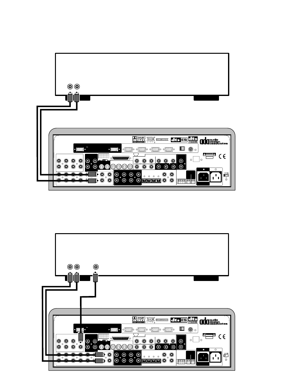 Tuner (radio) connection, Auxiliary component connection, Page 22 | Tuner, Auxiliary a/v component, Risk of electric shock do not open, Risque de choc electrique. ne pas ouvrir, Audio cable 7 7, Audio cable 8 8 8 video cable, Stereo audio out r l | Audio Design Associates Cinema Reference Mach II PTM-8150 User Manual | Page 23 / 113