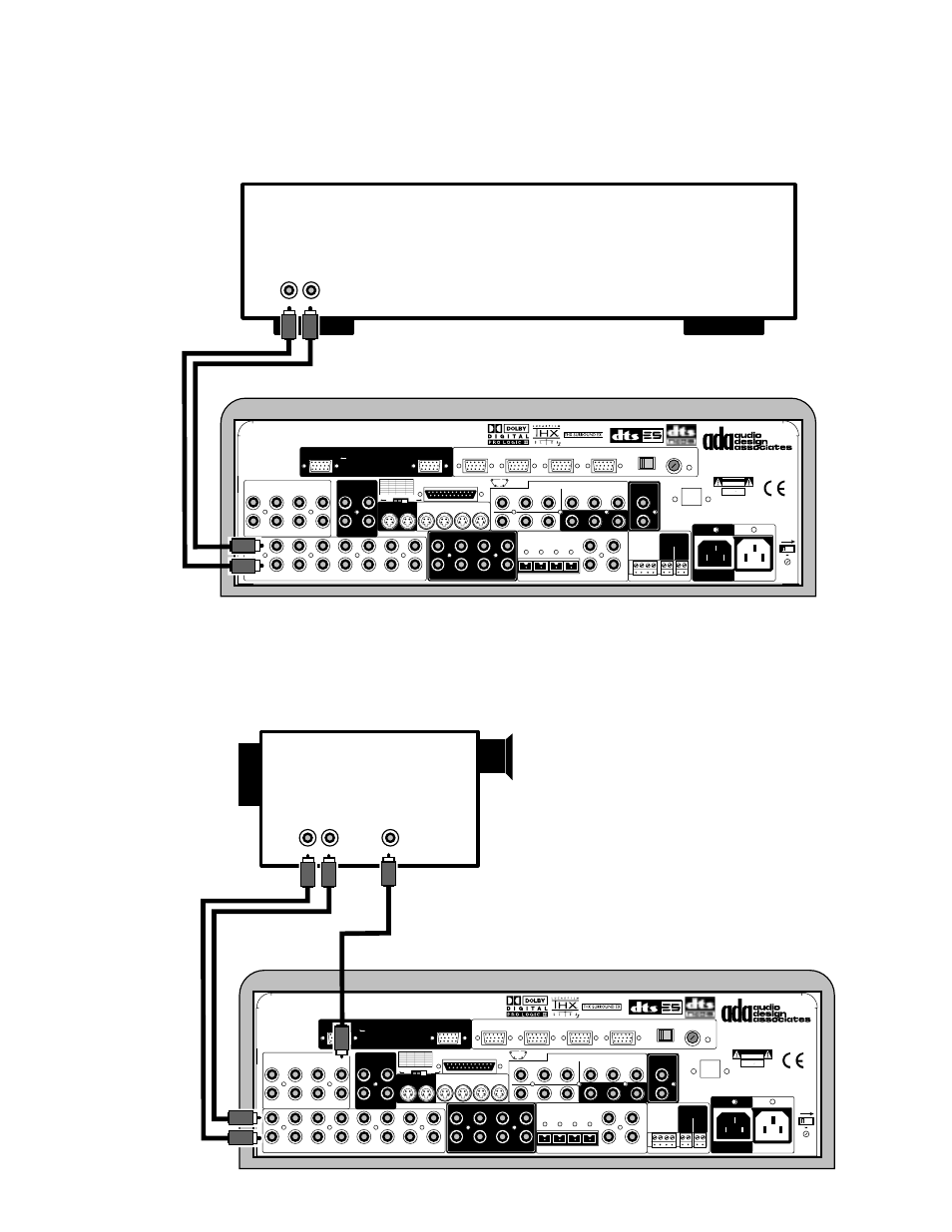 Multi-room system connection, Camcorder connection, Multi-room system connection camcorder connection | Page 23, Camcorder, Multi-room, Risk of electric shock do not open, Risque de choc electrique. ne pas ouvrir, Audio cable 1 1 7 video cable, Audio cable 2 2 | Audio Design Associates Cinema Reference Mach II PTM-8150 User Manual | Page 24 / 113