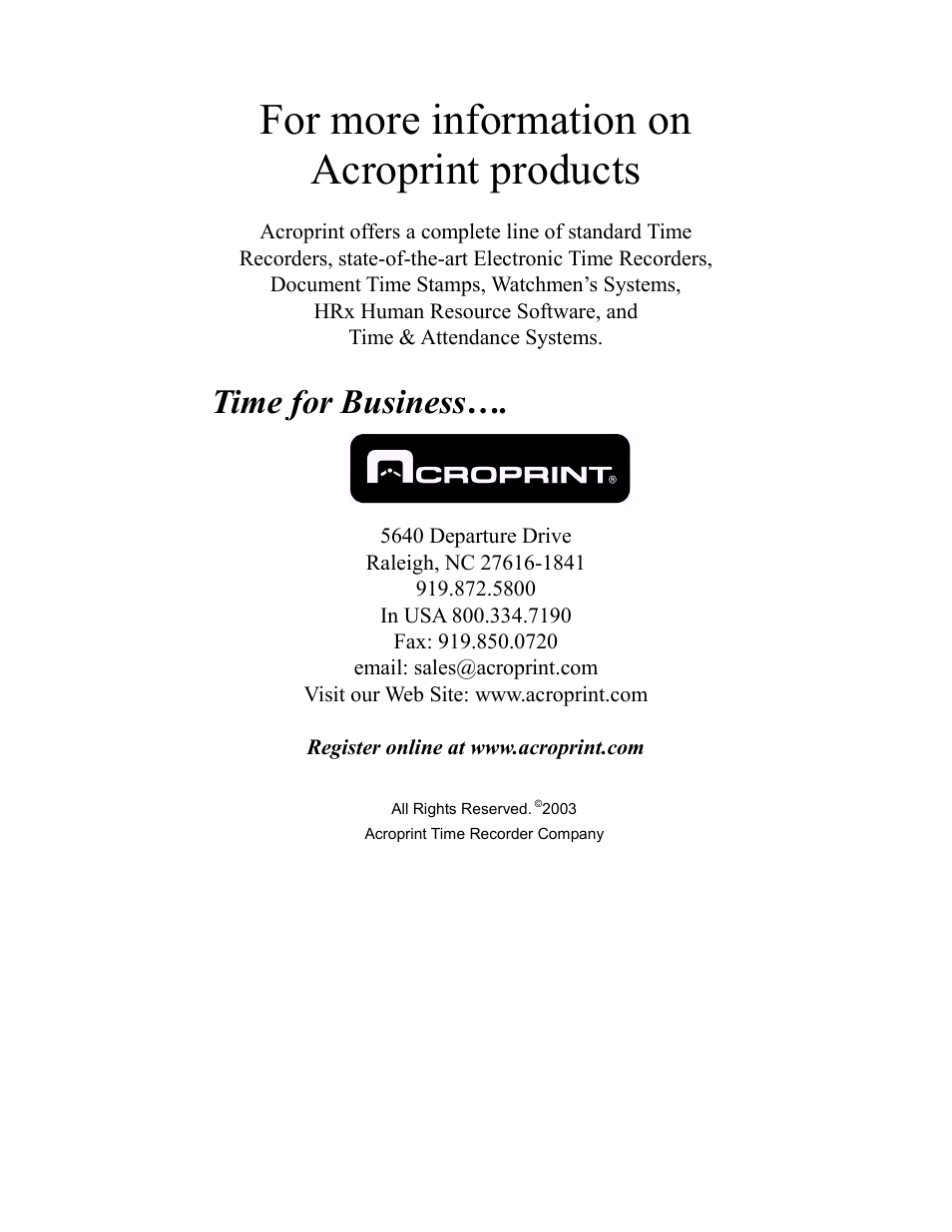 For more information on acroprint products, Time for business | Acroprint ATR120 User Manual | Page 2 / 28