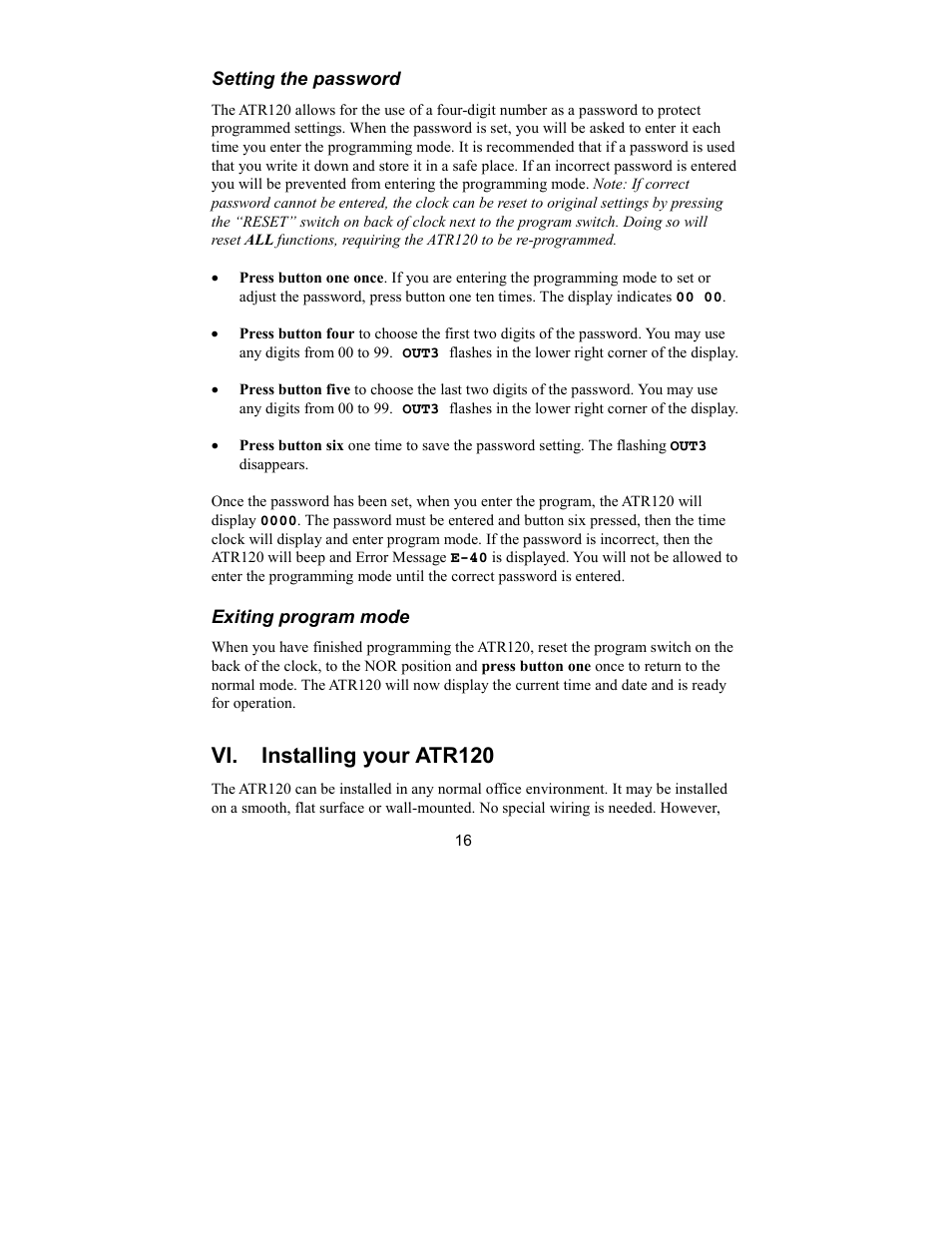 Vi. installing your atr120 | Acroprint ATR120 User Manual | Page 20 / 28