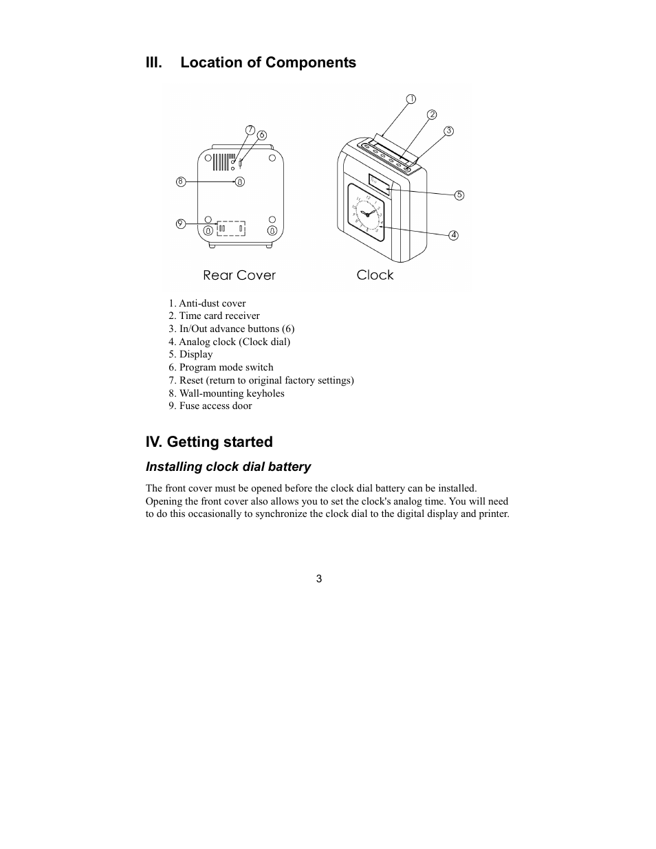 Iii. location of components, Iv. getting started | Acroprint ATR120 User Manual | Page 7 / 28