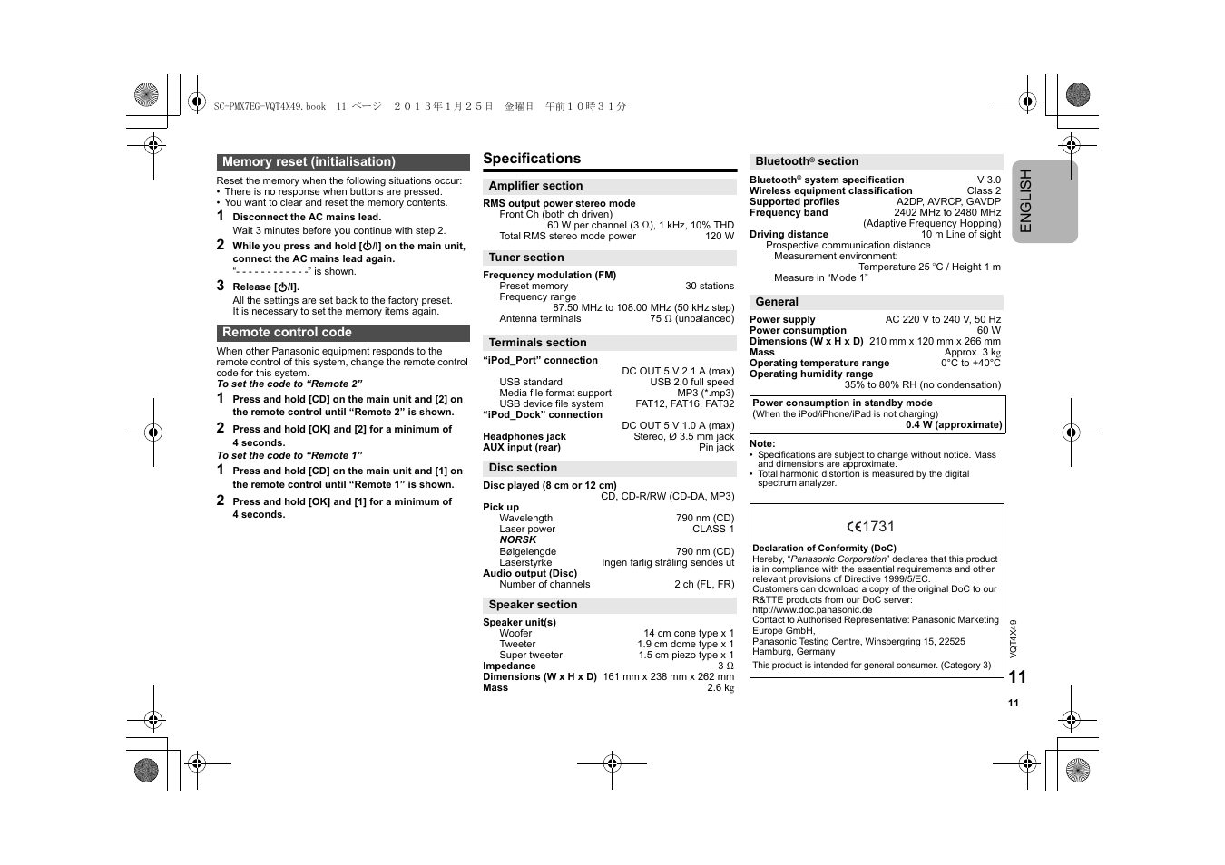 English, Specifications | Panasonic SCPMX7EG User Manual | Page 11 / 44