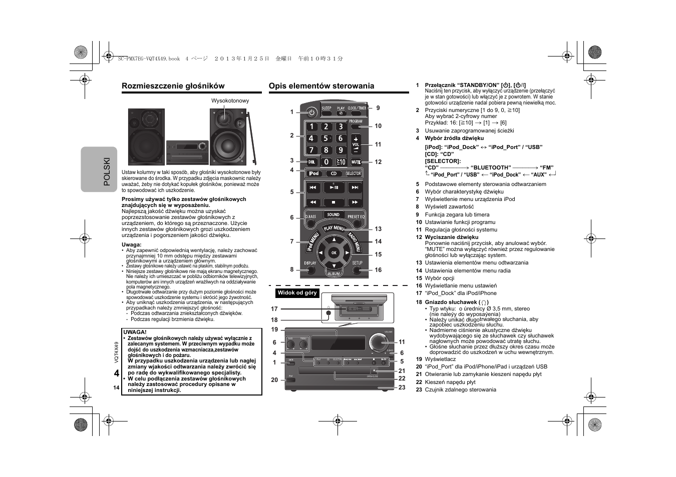 Polsk i rozmieszczenie głośników, Opis elementów sterowania | Panasonic SCPMX7EG User Manual | Page 14 / 44