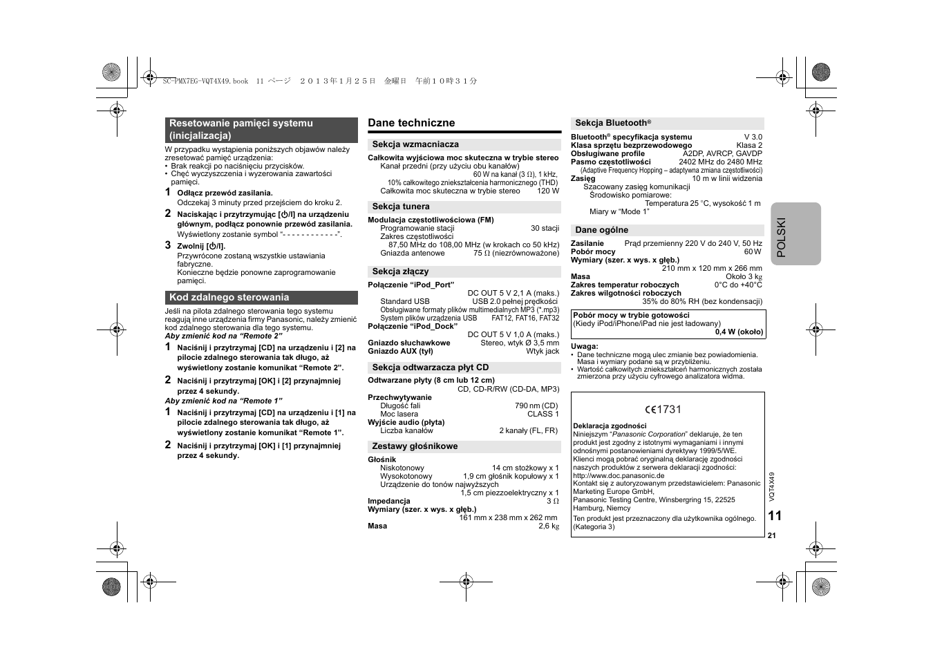 Polski, Dane techniczne | Panasonic SCPMX7EG User Manual | Page 21 / 44