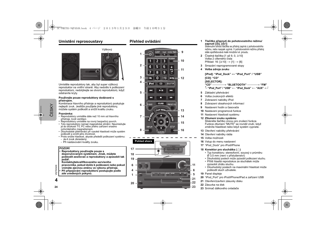 Česk y, Umístění reprosoustavy, Přehled ovládání | Panasonic SCPMX7EG User Manual | Page 24 / 44