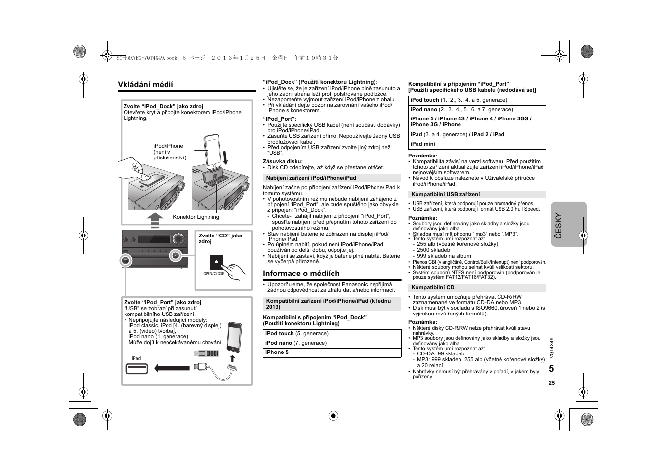 Če sky, Vkládání médií, Informace o médiích | Panasonic SCPMX7EG User Manual | Page 25 / 44