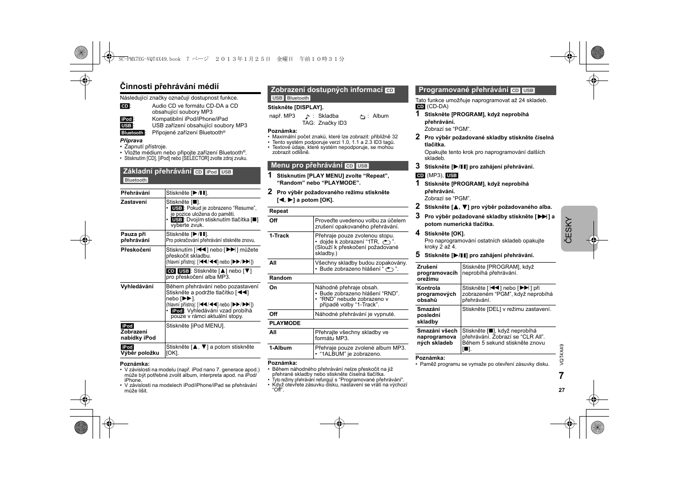 Če sky, Činnosti přehrávání médií | Panasonic SCPMX7EG User Manual | Page 27 / 44