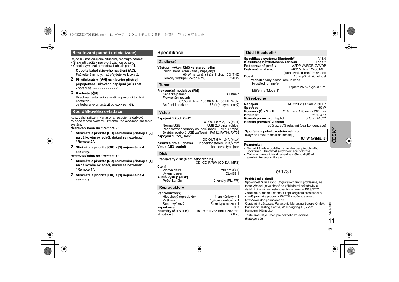 Če sky, Specifikace | Panasonic SCPMX7EG User Manual | Page 31 / 44