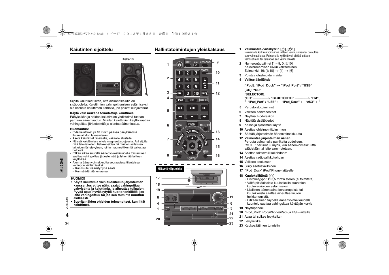 Suomi kaiutinten sijoittelu, Hallintatoimintojen yleiskatsaus | Panasonic SCPMX7EG User Manual | Page 34 / 44