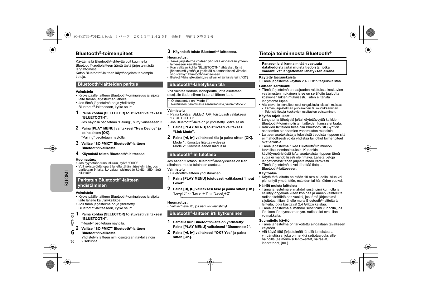 Suomi bluetooth, Toimenpiteet, Tietoja toiminnosta bluetooth | Panasonic SCPMX7EG User Manual | Page 36 / 44