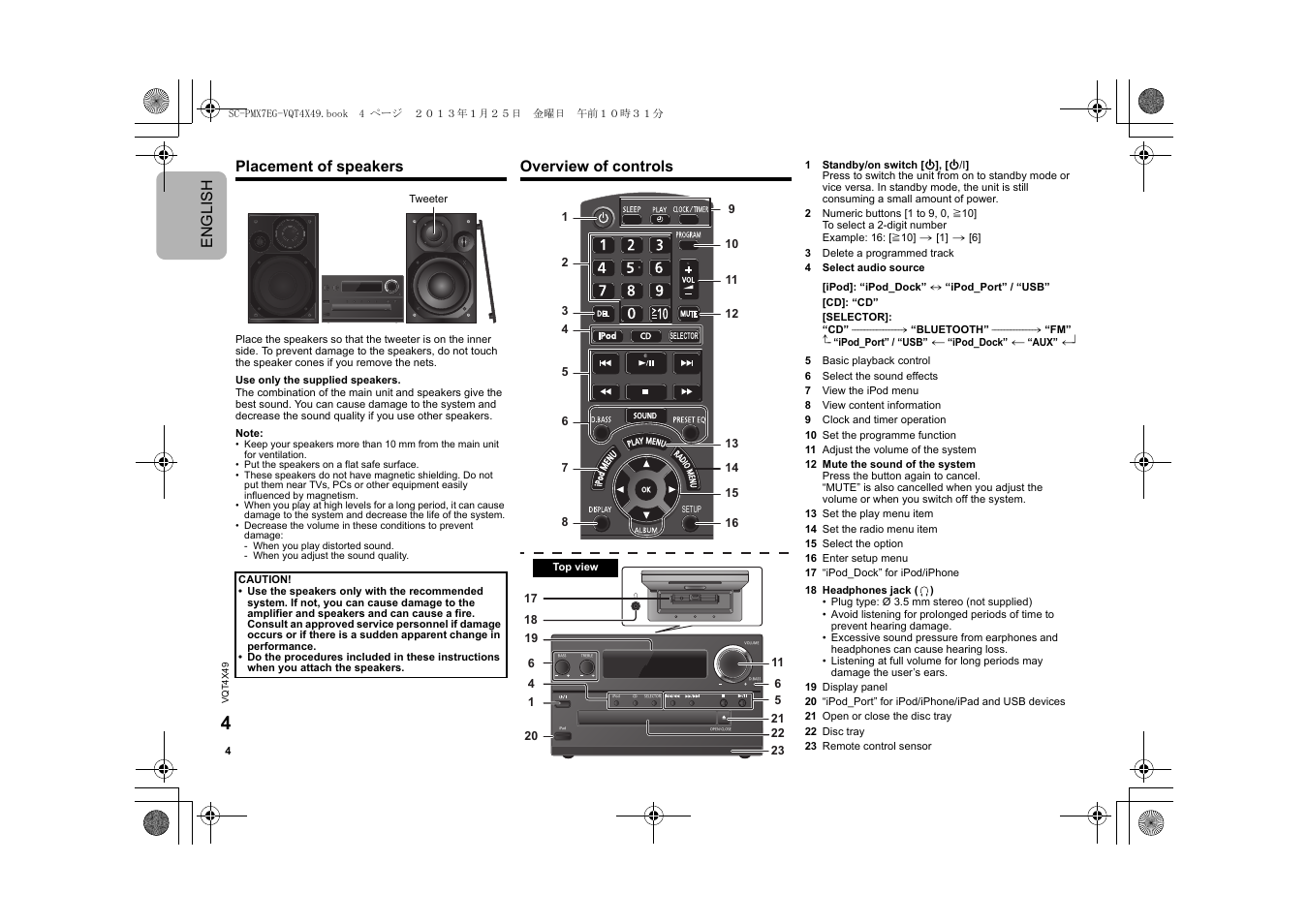 Engl ish placement of speakers, Overview of controls | Panasonic SCPMX7EG User Manual | Page 4 / 44