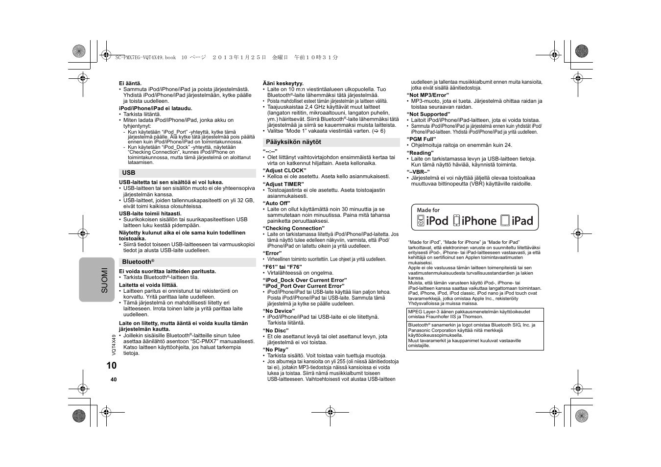 Suomi | Panasonic SCPMX7EG User Manual | Page 40 / 44