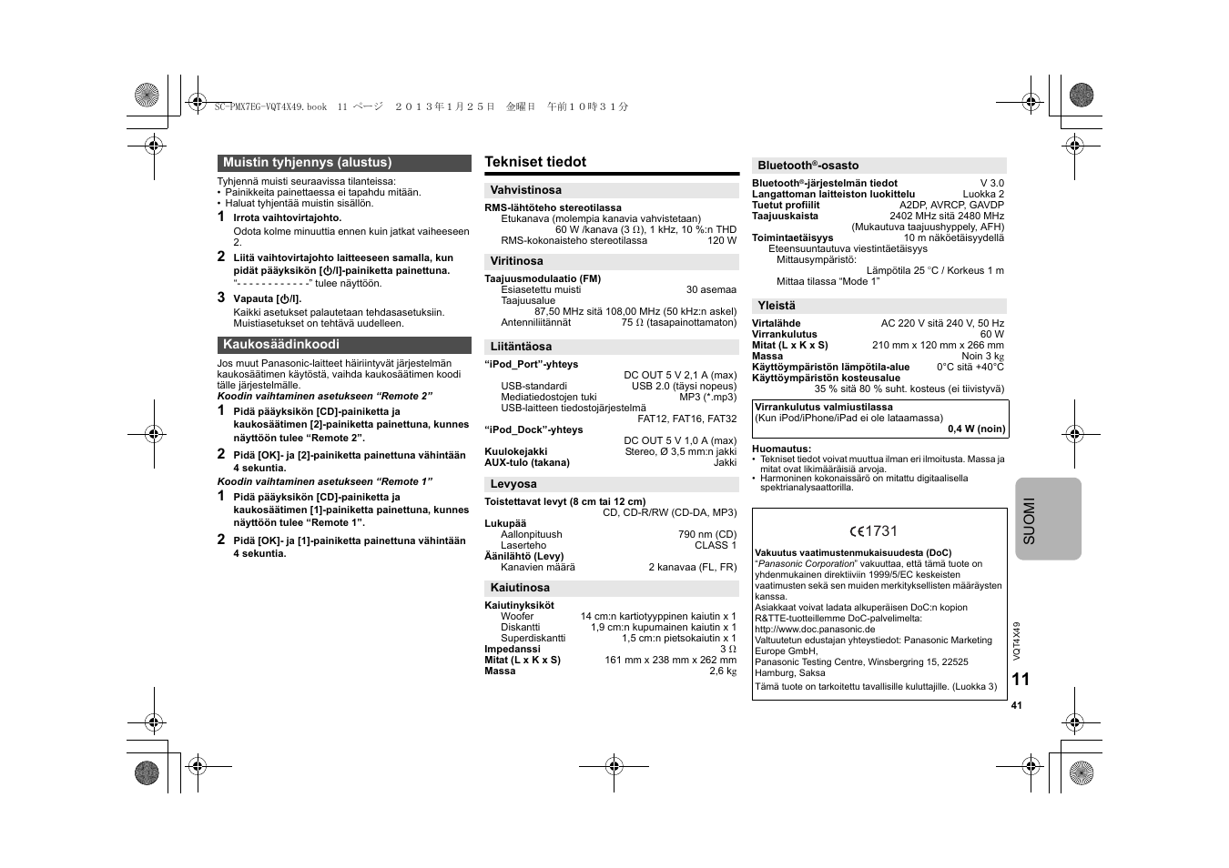 Suomi, Tekniset tiedot | Panasonic SCPMX7EG User Manual | Page 41 / 44