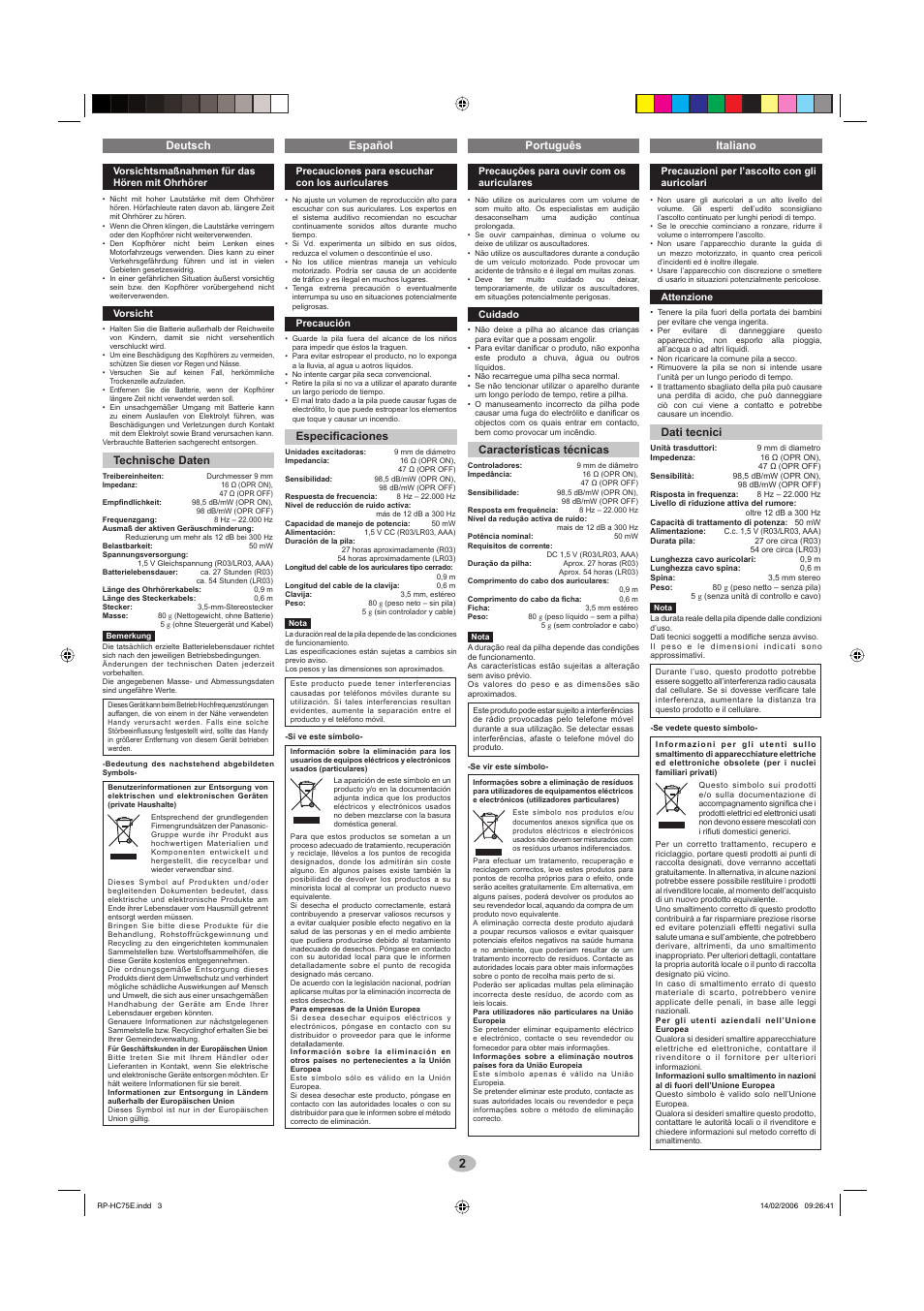 Deutsch español português italiano, Technische daten, Especifi caciones | Características técnicas, Dati tecnici | Panasonic RPHC75 User Manual | Page 2 / 8