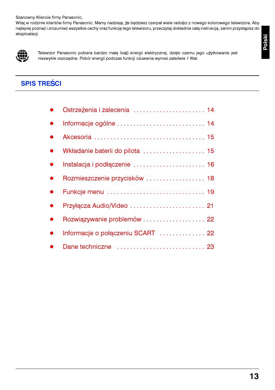 Spis tresci | Panasonic TC21S4RP User Manual | Page 13 / 36