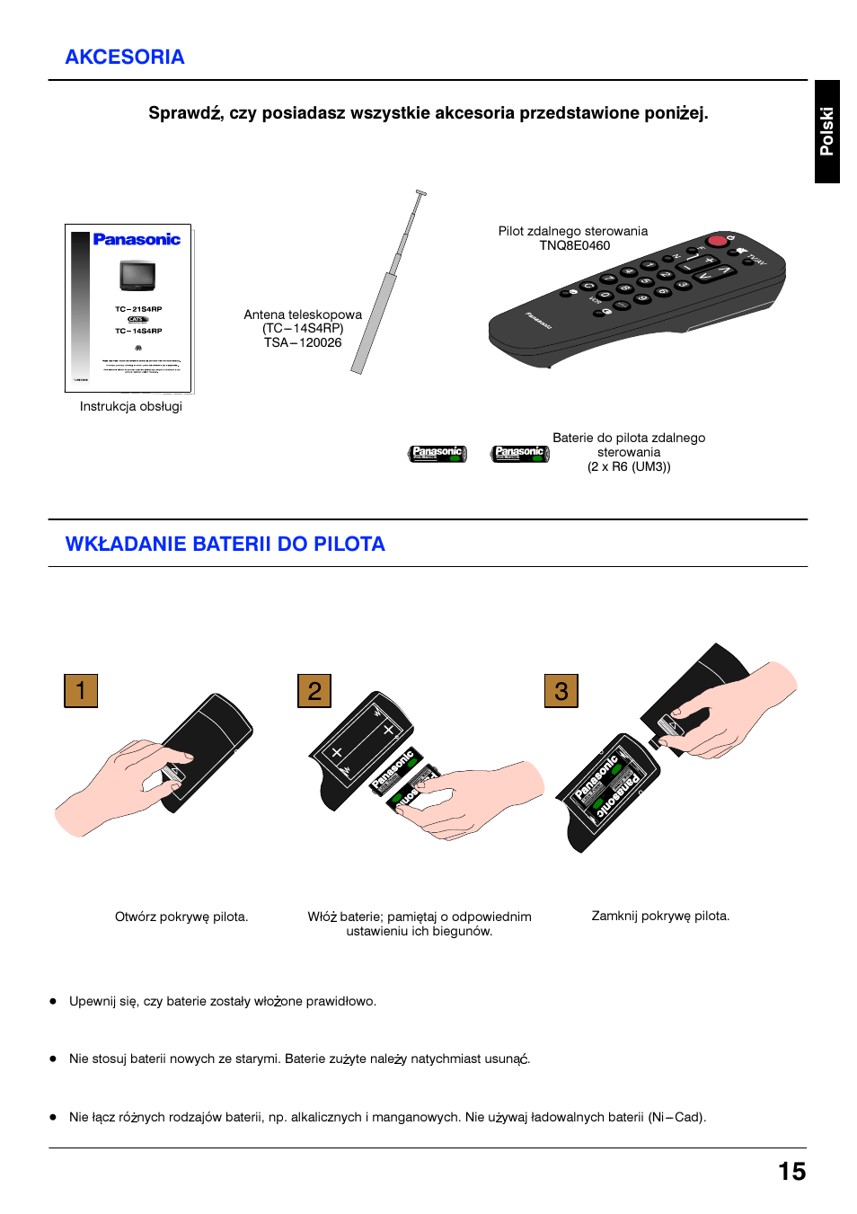 Akcesoria, Wktadanie baterii do pilota | Panasonic TC21S4RP User Manual | Page 15 / 36