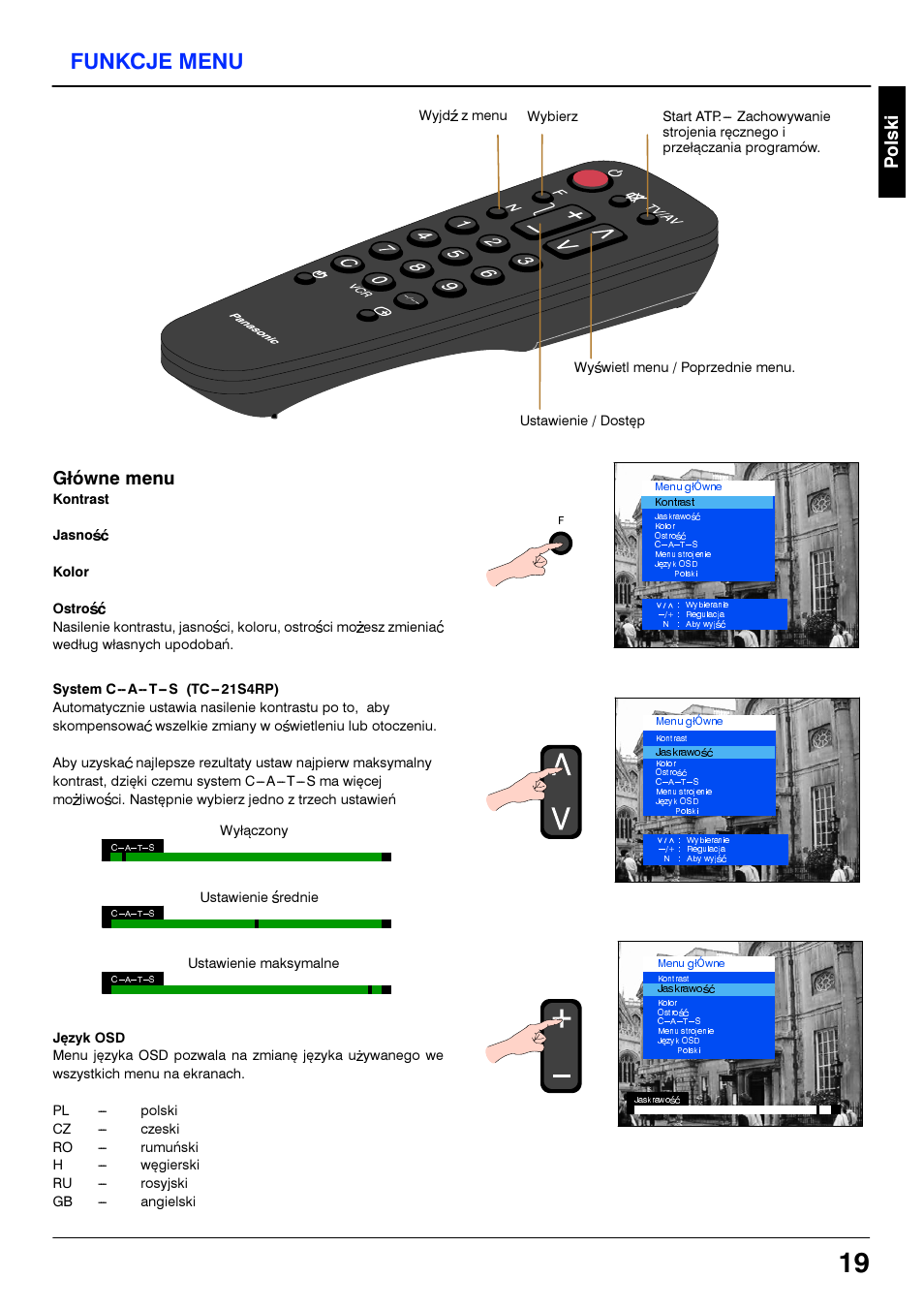 Funkcje menu, Gtówne menu | Panasonic TC21S4RP User Manual | Page 19 / 36