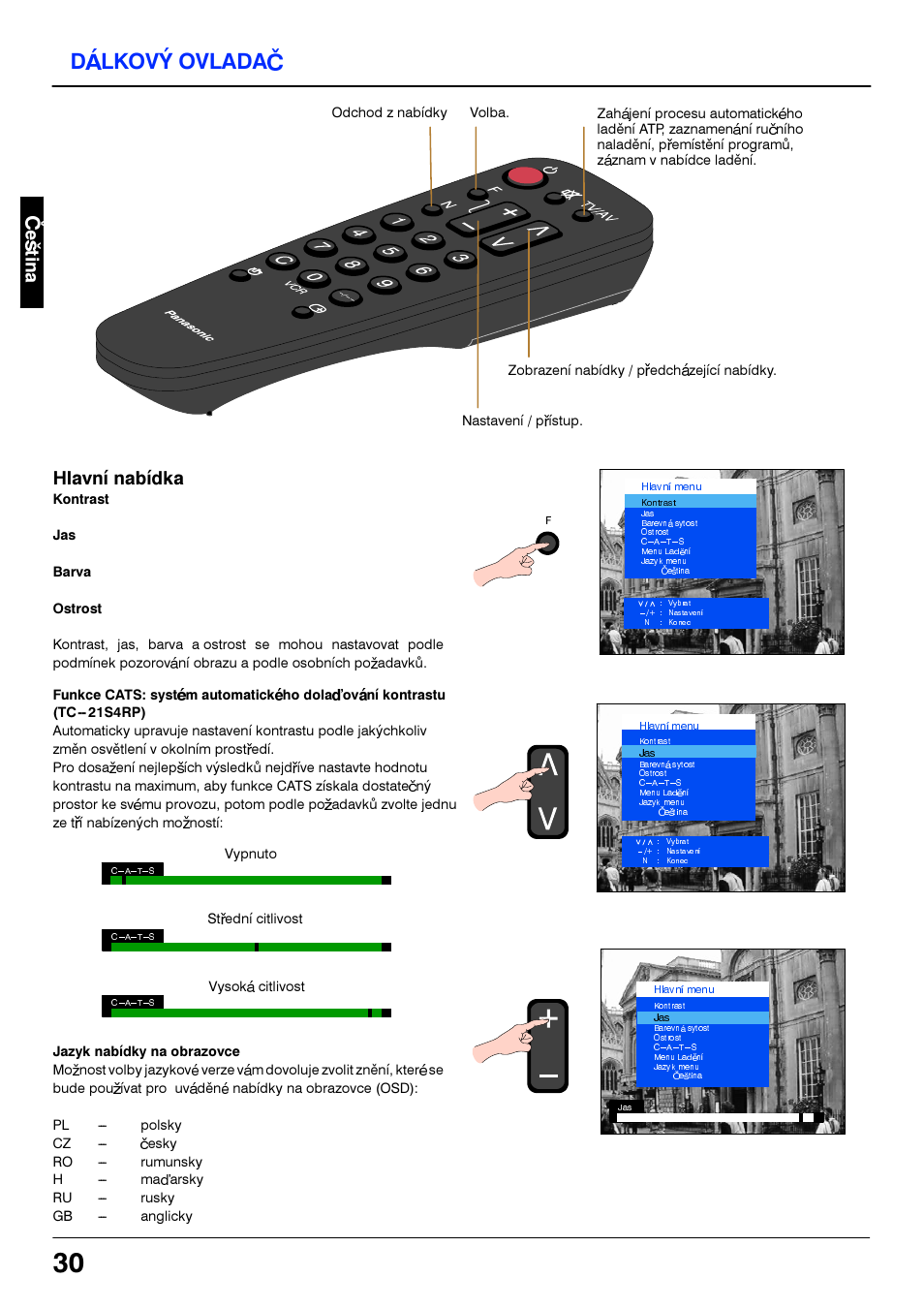 Dalkovy ovladac, Hlavni nabidka | Panasonic TC21S4RP User Manual | Page 30 / 36