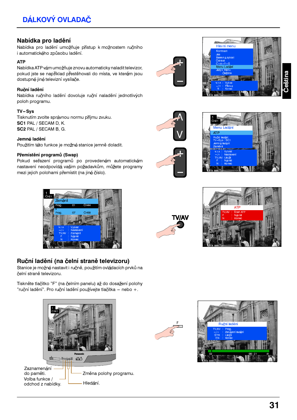 Dalkovy ovladac, Nabidka pro ladèni, Tv/av | Ruèni ladèni (na èeini stranè televizoru) | Panasonic TC21S4RP User Manual | Page 31 / 36