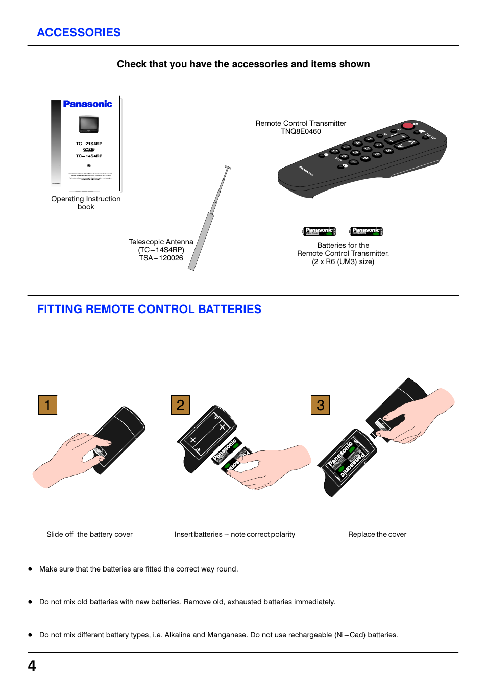 Accessories, Fitting remote control batteries | Panasonic TC21S4RP User Manual | Page 4 / 36