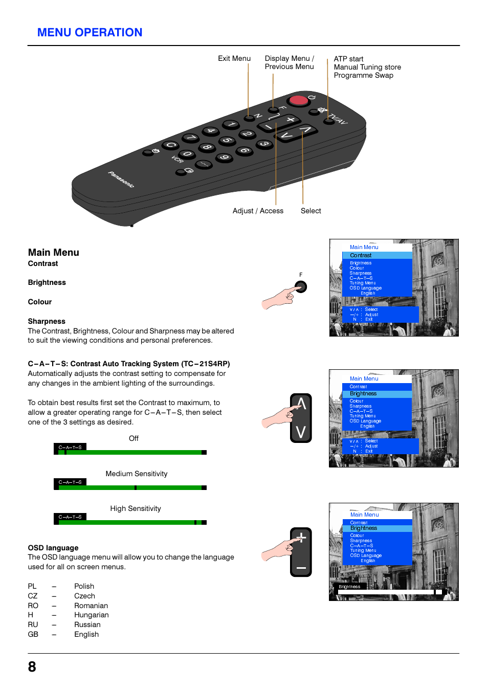 Menu operation, Main menu | Panasonic TC21S4RP User Manual | Page 8 / 36