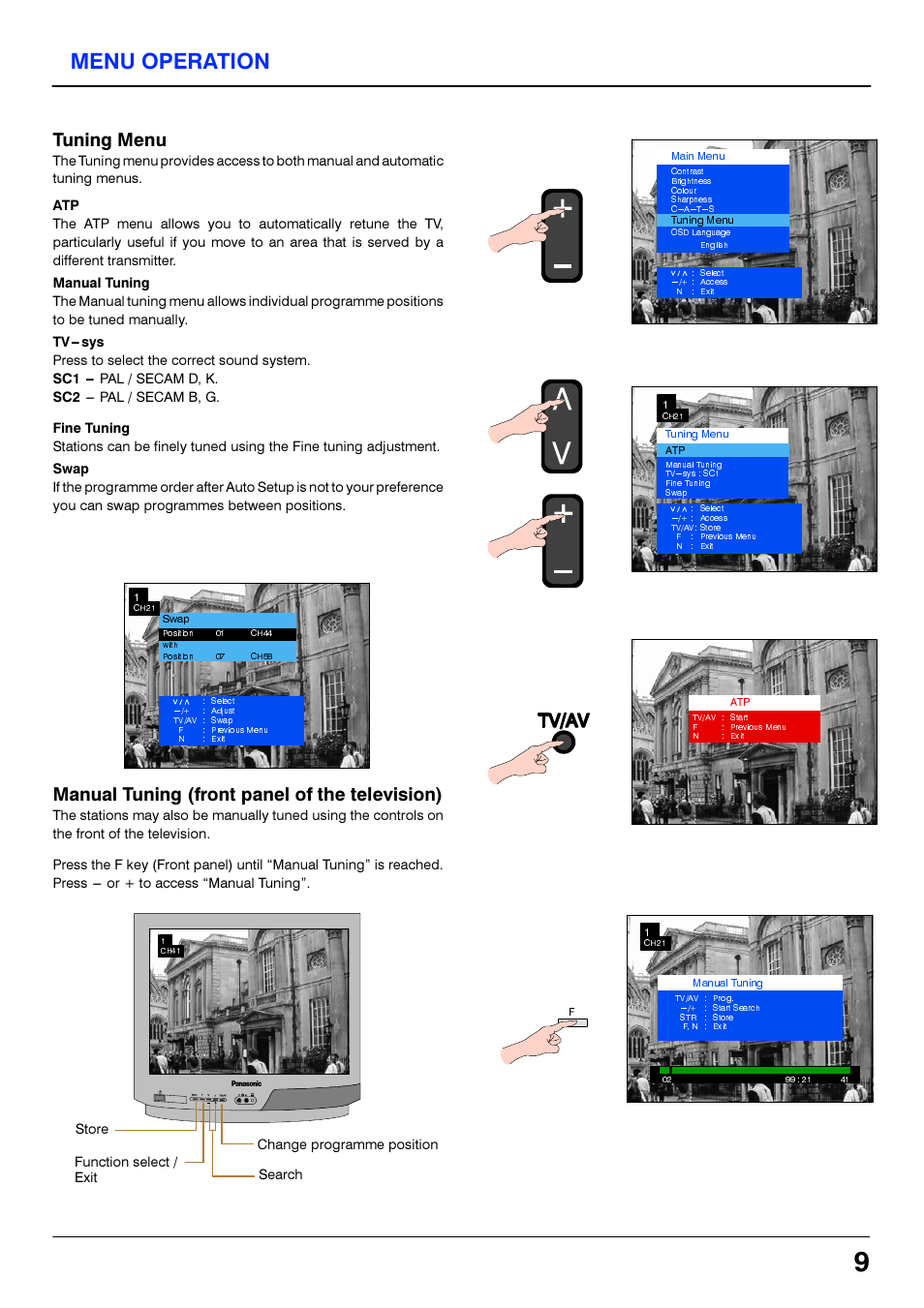 Menu operation, Tuning menu, Manual tuning (front panel of the television) | Tv/av | Panasonic TC21S4RP User Manual | Page 9 / 36