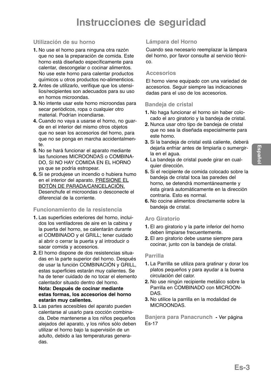 Instrucciones de seguridad, Es-3 | Panasonic NNGD379S User Manual | Page 125 / 303