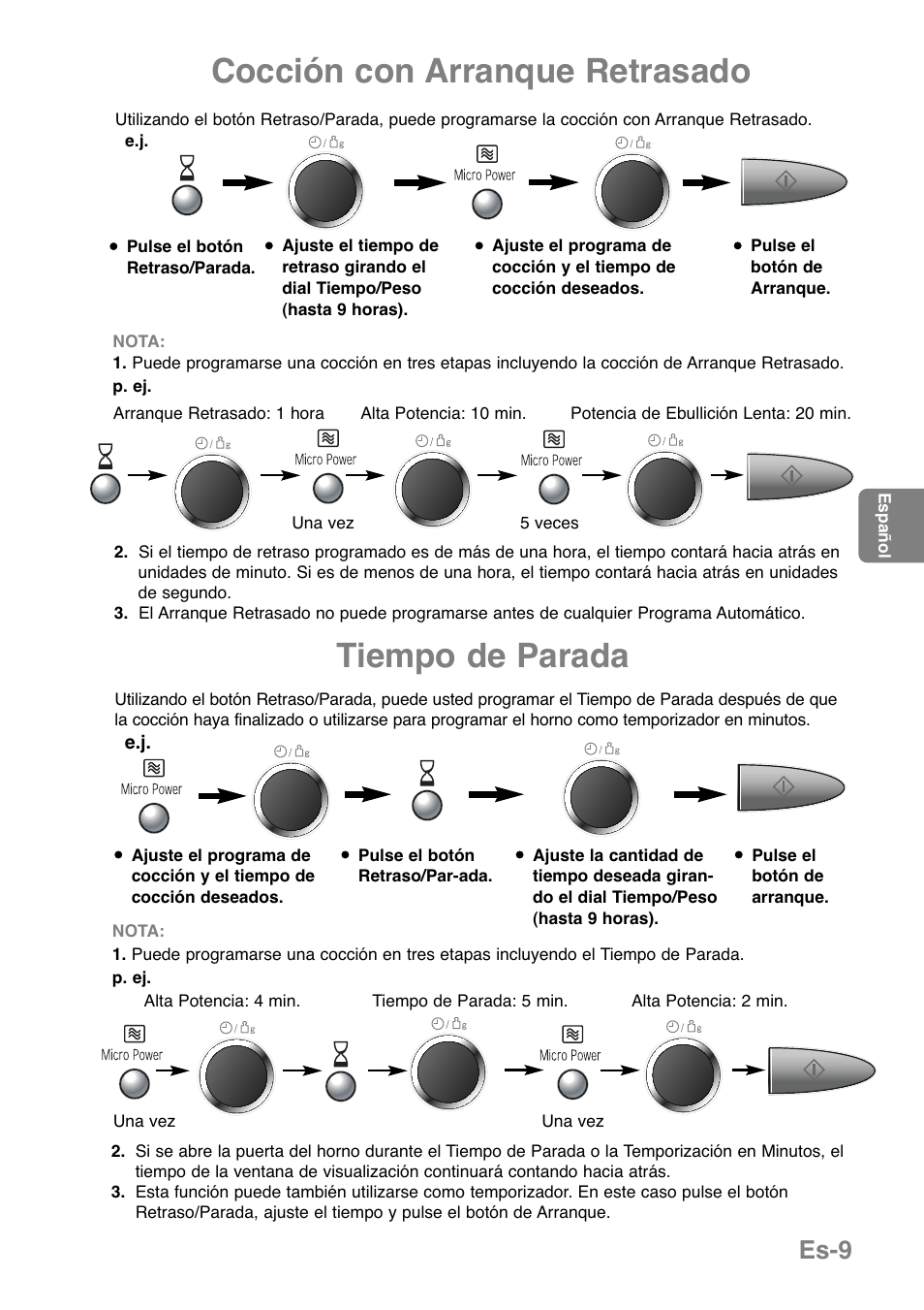 Cocción con arranque retrasado, Tiempo de parada, Es-9 | Panasonic NNGD379S User Manual | Page 131 / 303