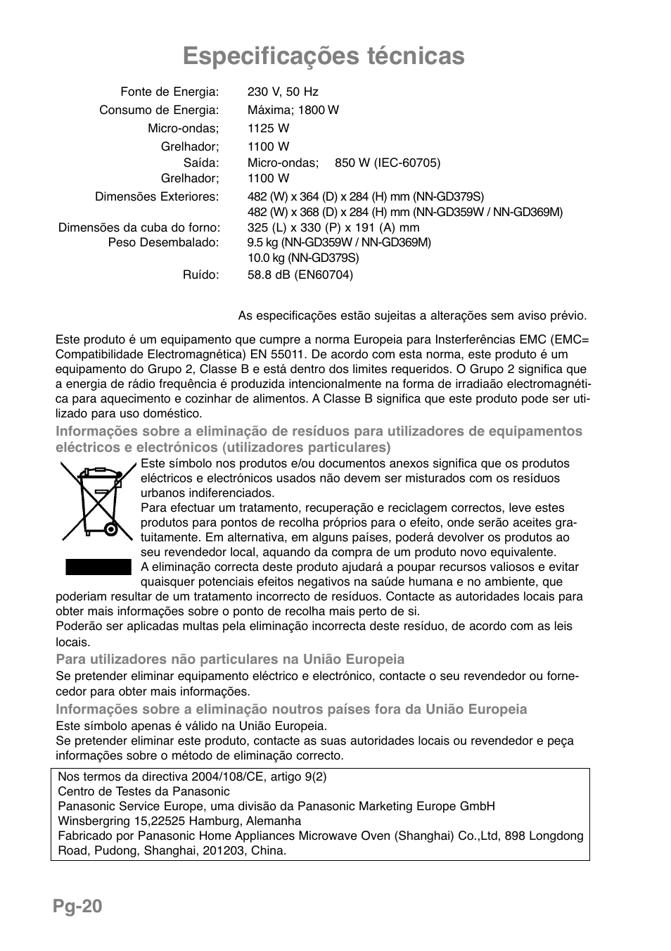 Especificações técnicas, Pg-20 | Panasonic NNGD379S User Manual | Page 162 / 303