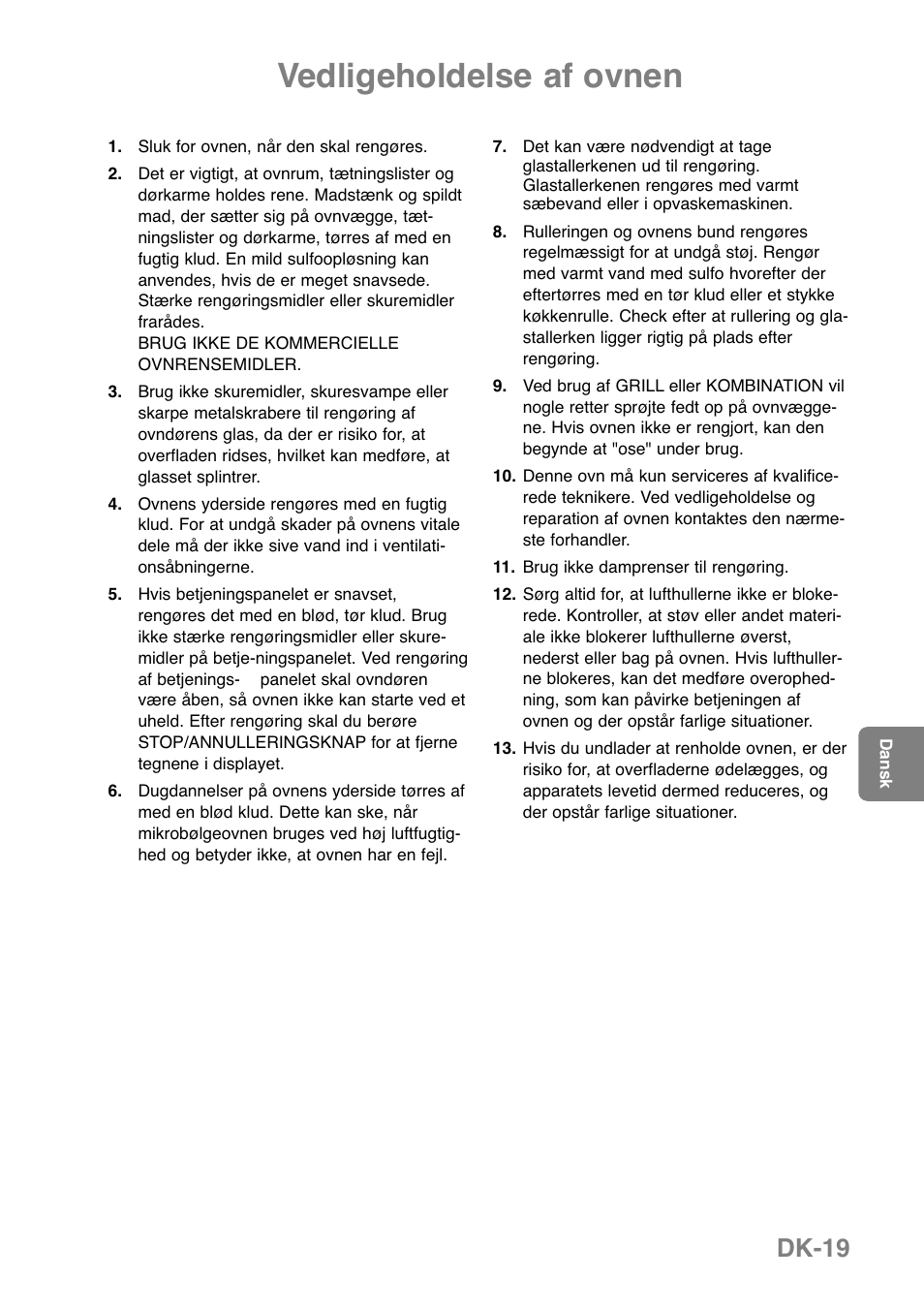 Vedligeholdelse af ovnen, Dk-19 | Panasonic NNGD379S User Manual | Page 201 / 303