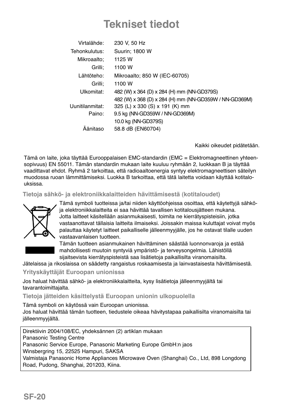 Tekniset tiedot, Sf-20 | Panasonic NNGD379S User Manual | Page 242 / 303