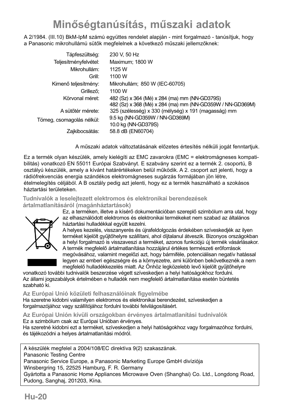 Minőségtanúsítás, műszaki adatok, Hu-20 | Panasonic NNGD379S User Manual | Page 302 / 303