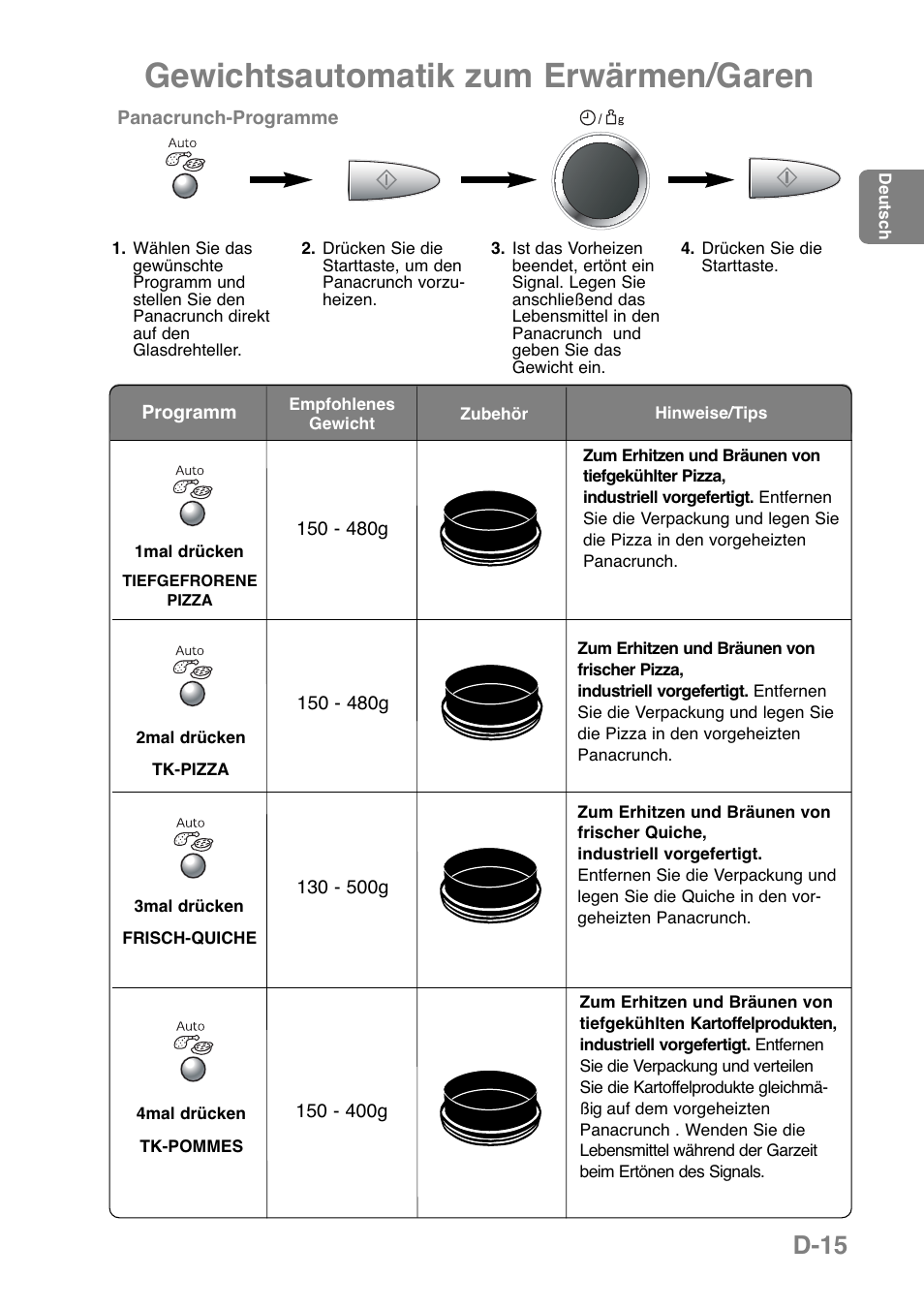 Gewichtsautomatik zum erwärmen/garen, D-15 | Panasonic NNGD379S User Manual | Page 37 / 303