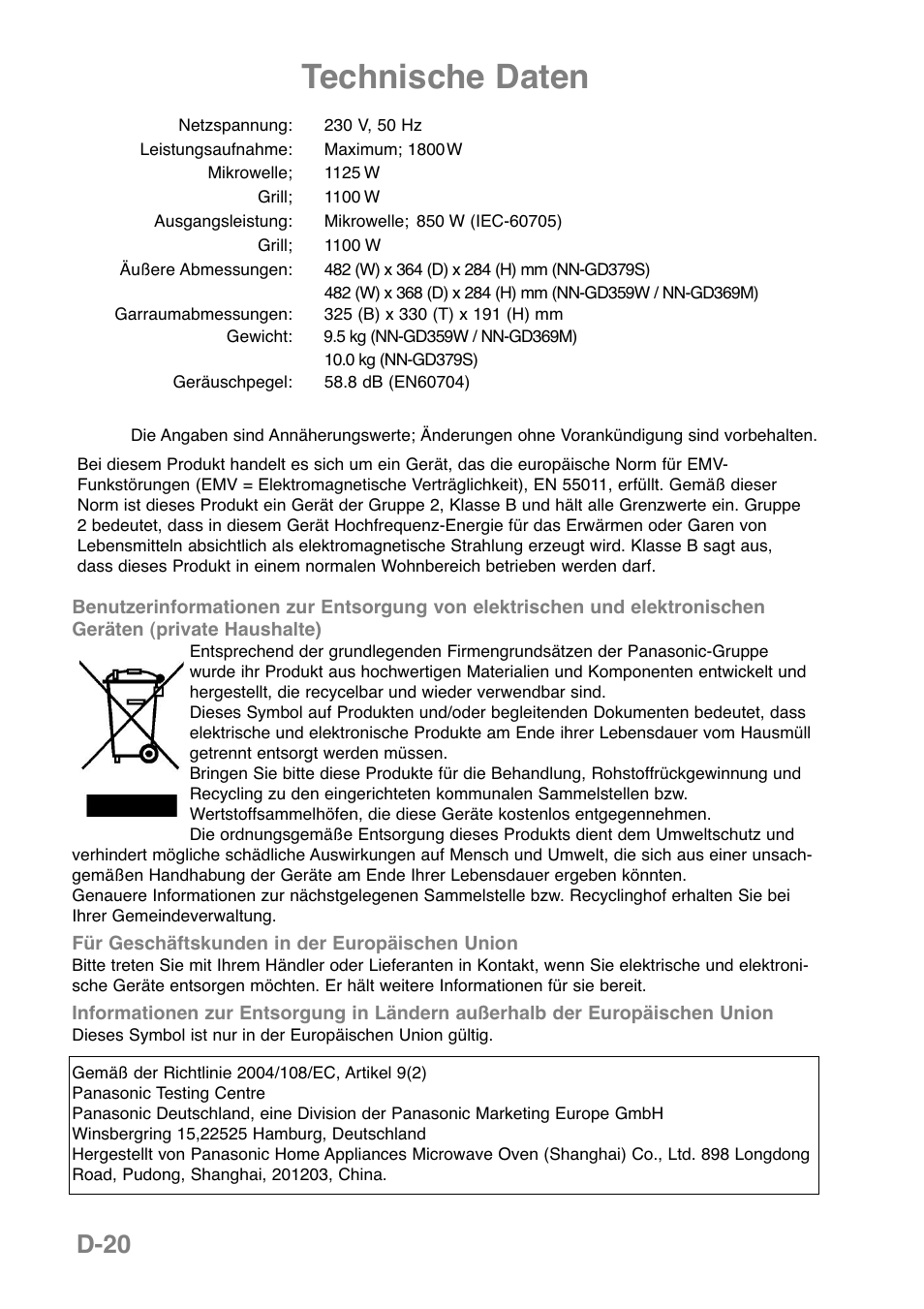 Technische daten, D-20 | Panasonic NNGD379S User Manual | Page 42 / 303