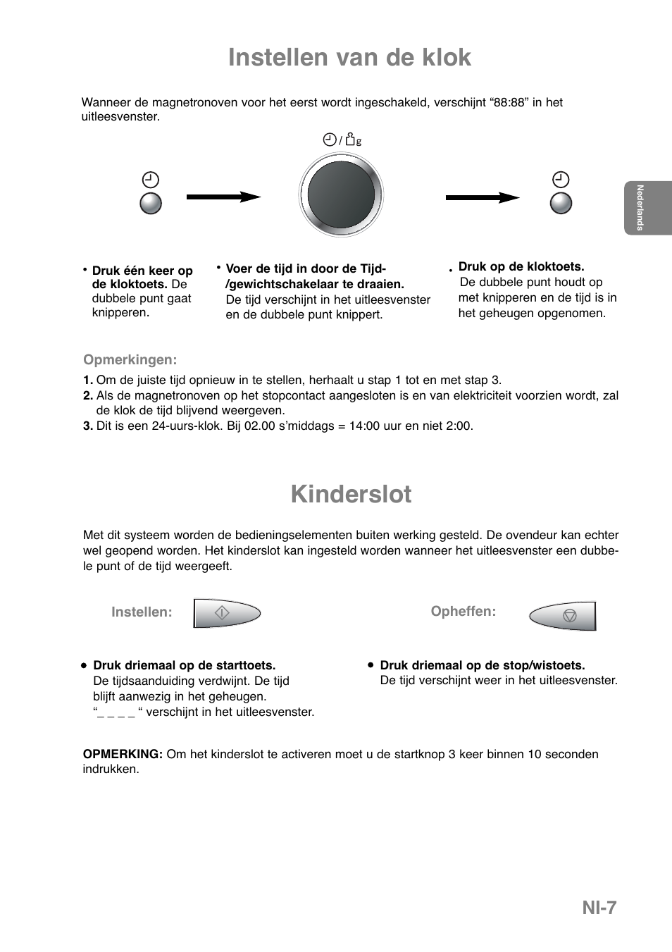 Instellen van de klok, Kinderslot, Ni-7 | Panasonic NNGD379S User Manual | Page 69 / 303
