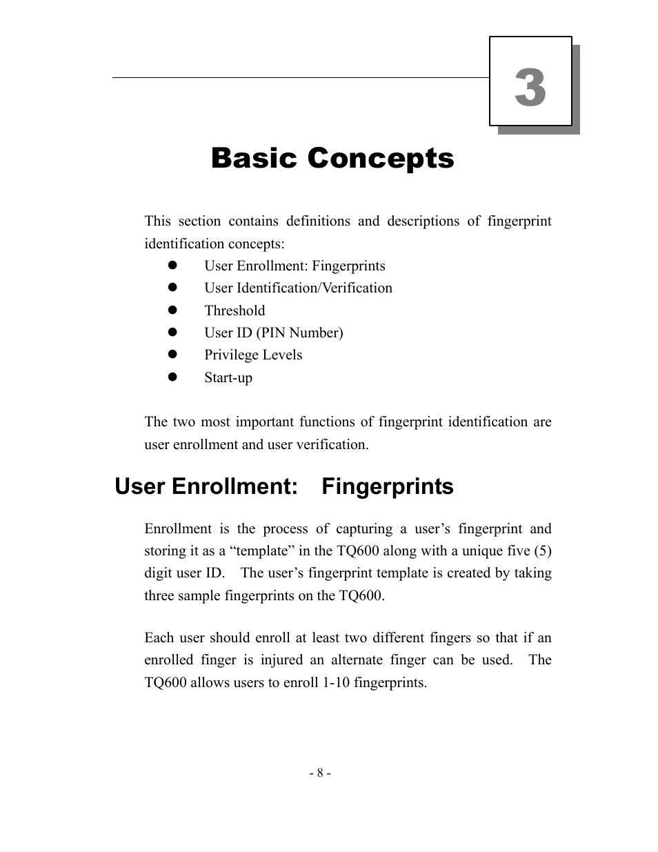 Basic concepts, User enrollment: fingerprints | Acroprint timeQplus TQ600 User Manual | Page 16 / 71