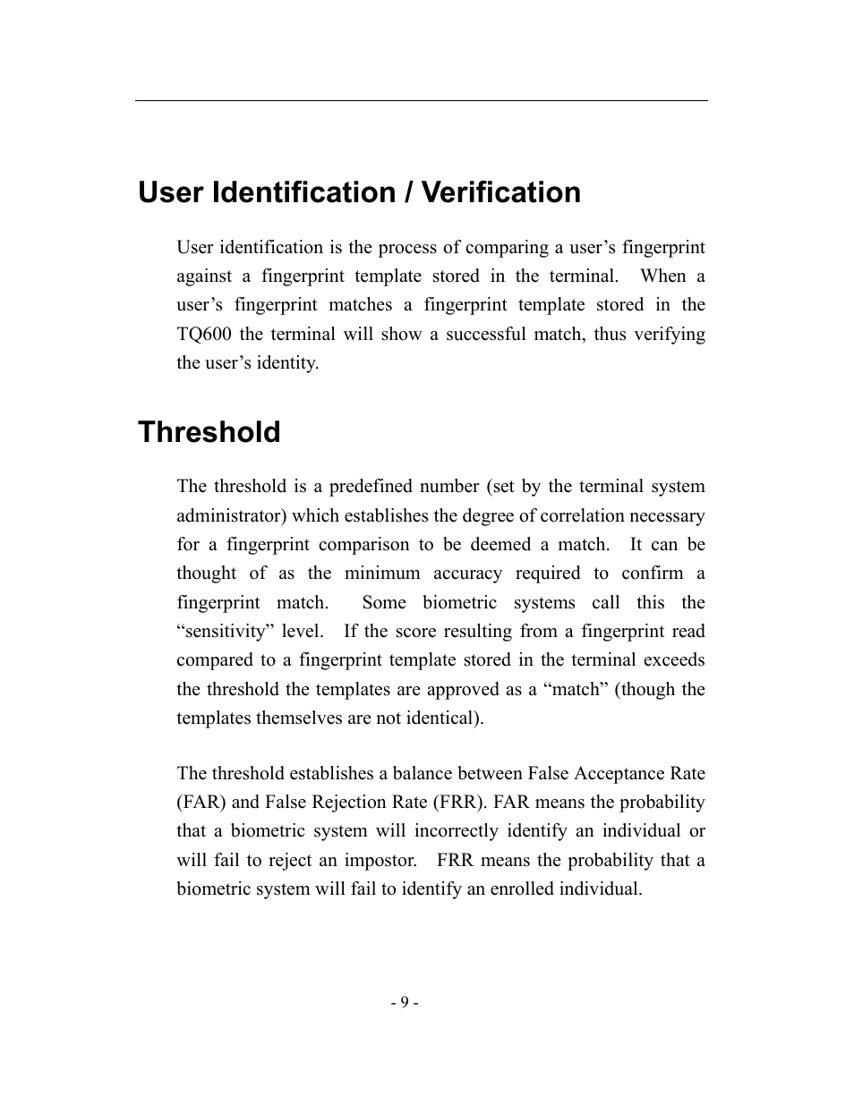 User identification / verification, Threshold | Acroprint timeQplus TQ600 User Manual | Page 17 / 71