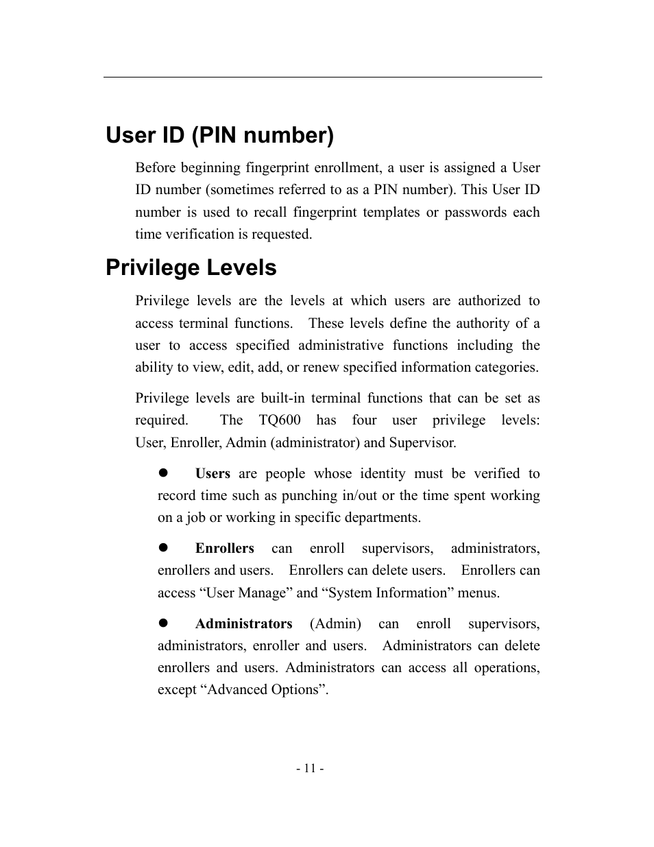 User id (pin number), Privilege levels | Acroprint timeQplus TQ600 User Manual | Page 19 / 71