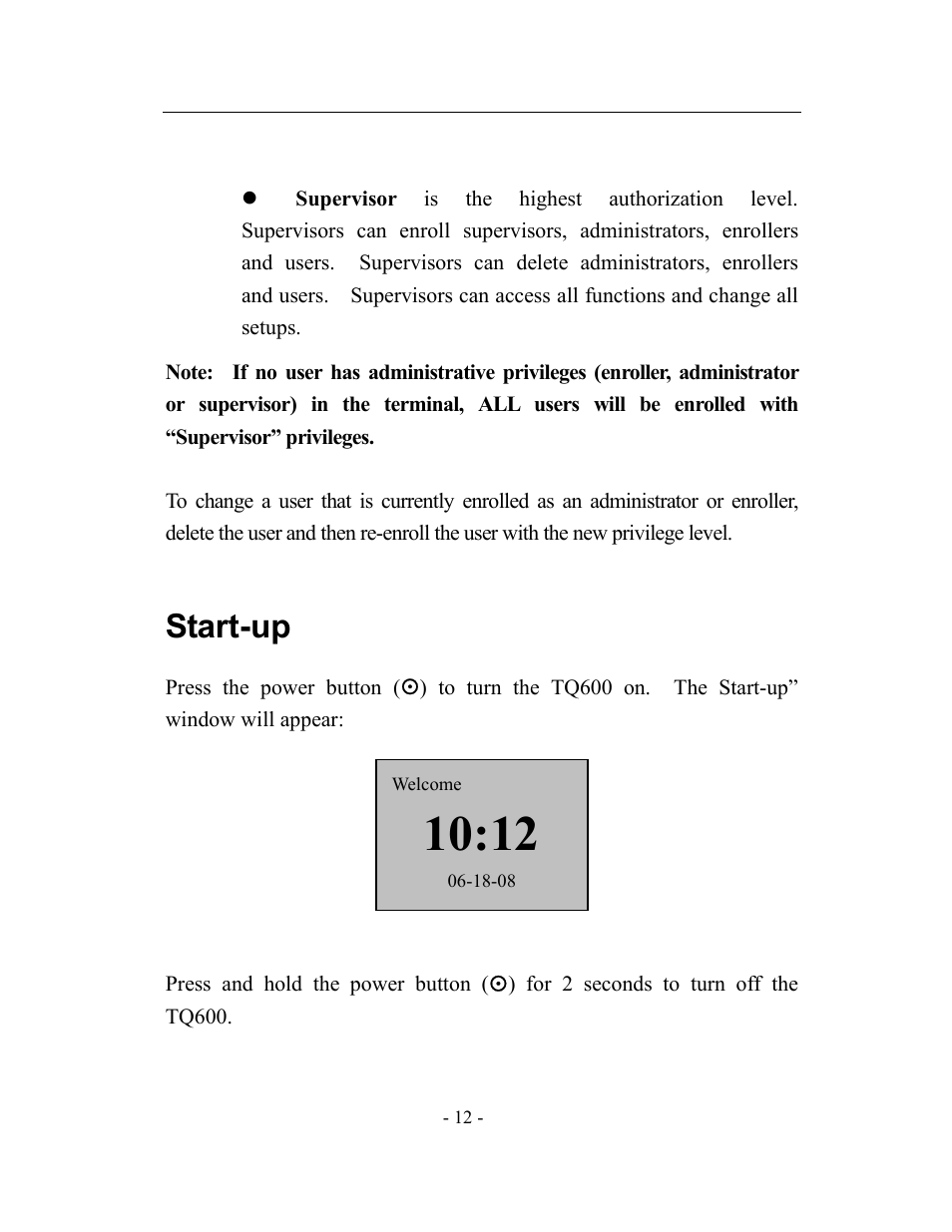 Start-up | Acroprint timeQplus TQ600 User Manual | Page 20 / 71