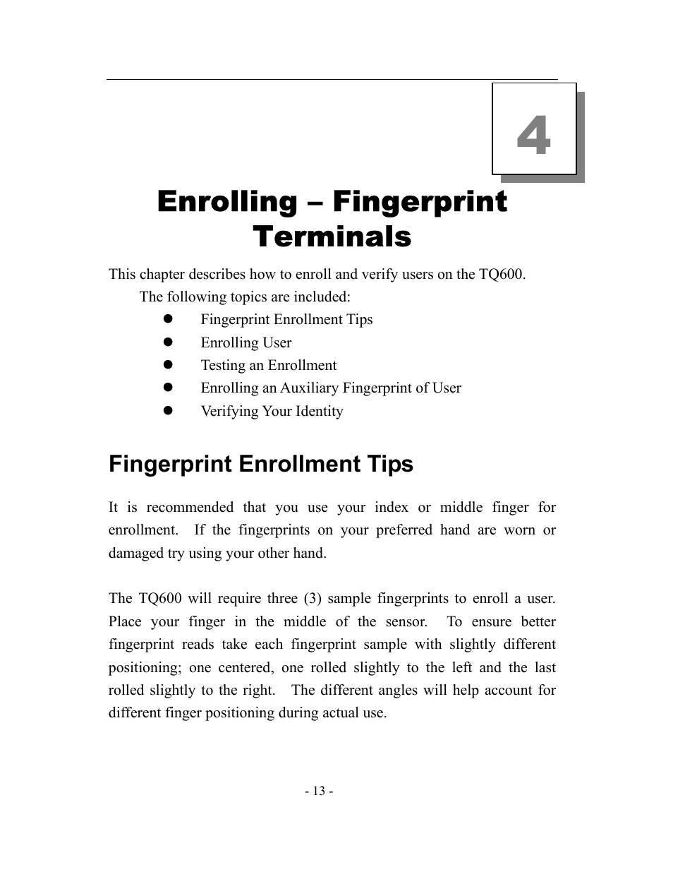 Enrolling – fingerprint terminals, Fingerprint enrollment tips | Acroprint timeQplus TQ600 User Manual | Page 21 / 71