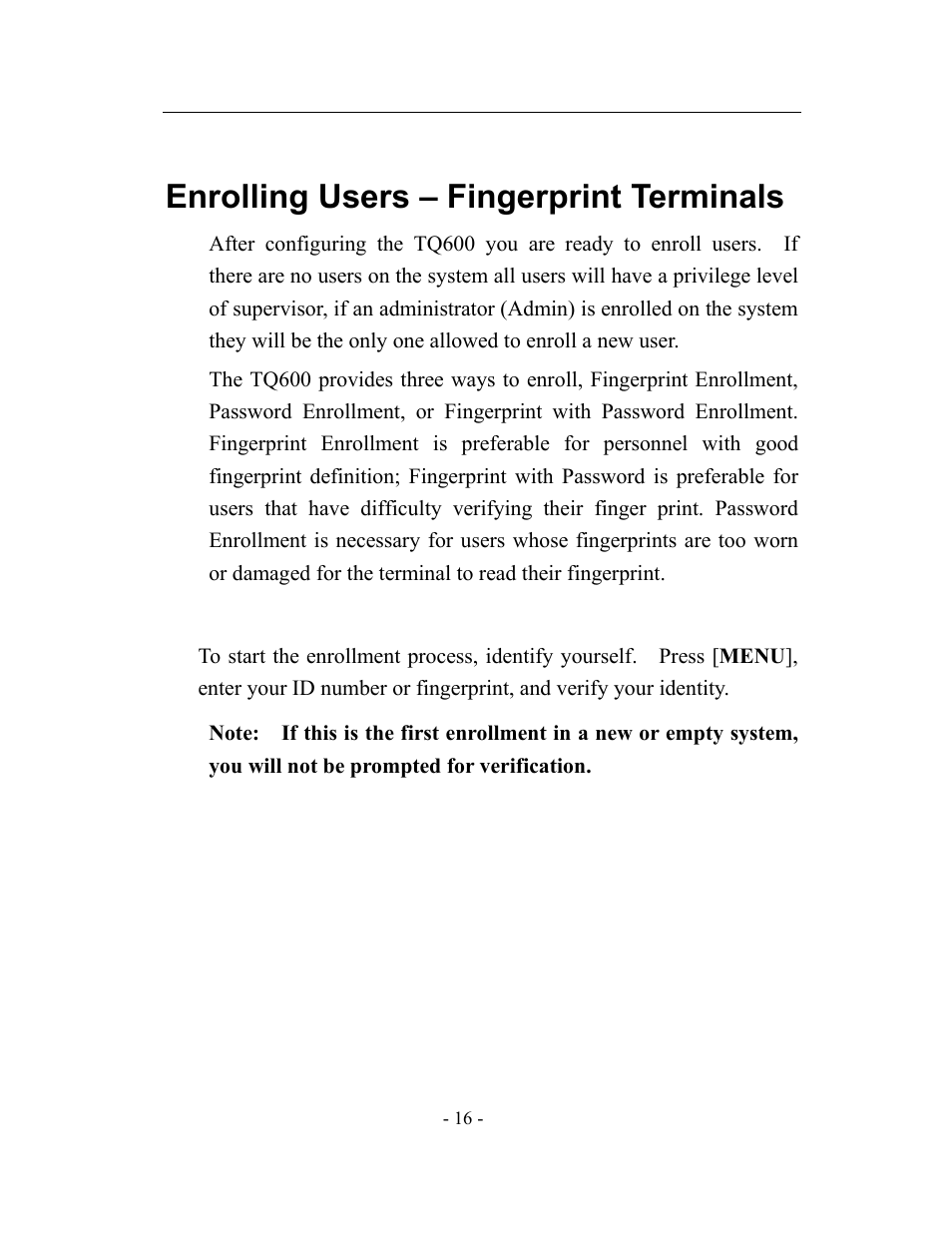 Enrolling users – fingerprint terminals | Acroprint timeQplus TQ600 User Manual | Page 24 / 71